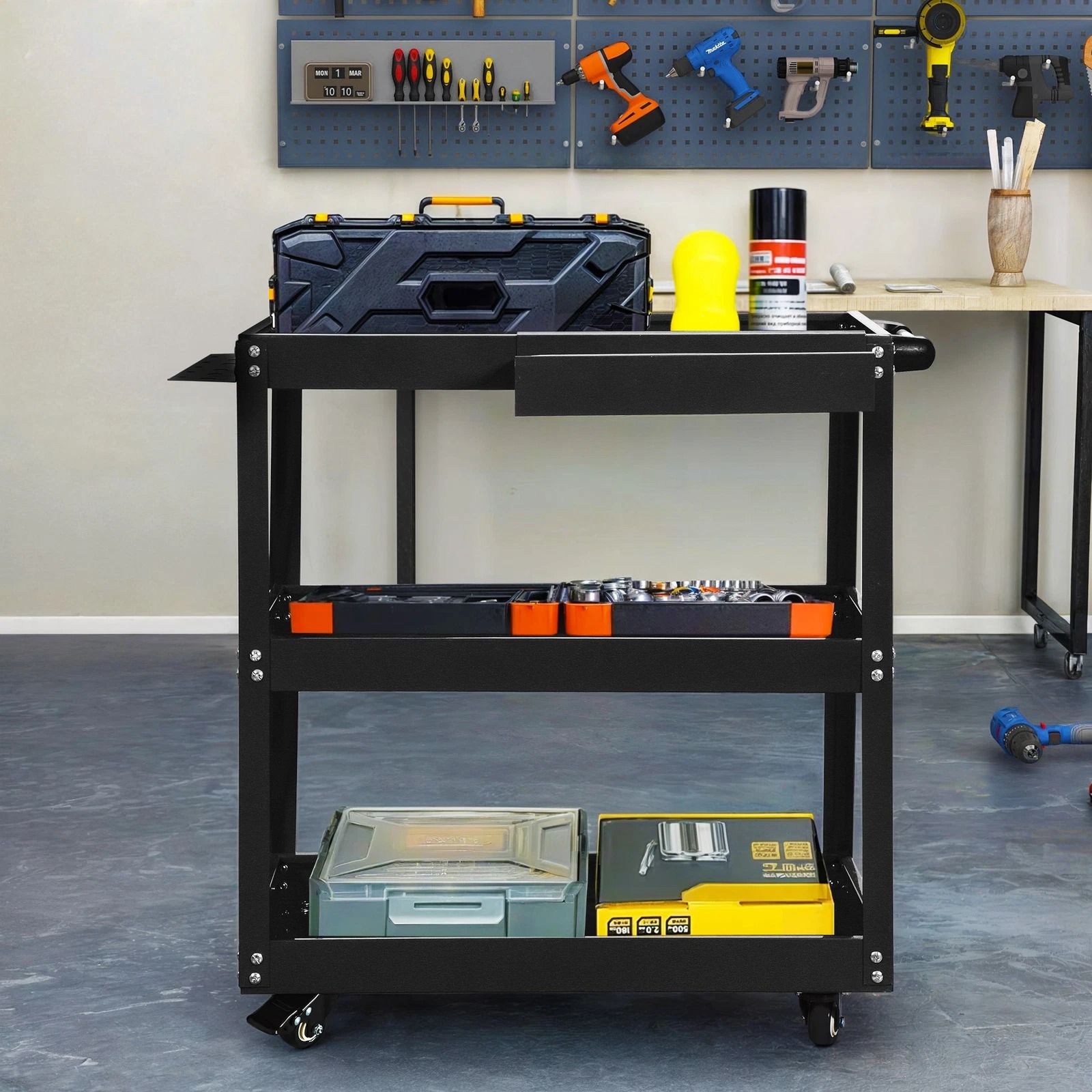Heavy Duty Steel Utility Cart for Garage, Tool Cart on Wheels, Mobile Tool Storage