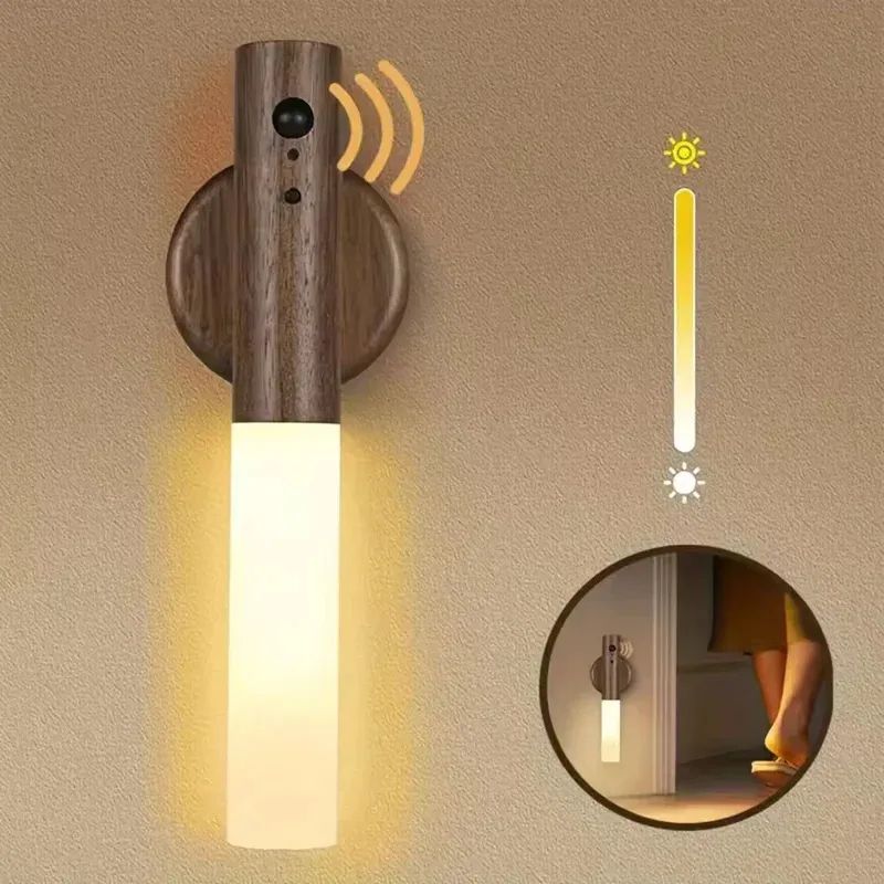 Wooden Motion Sensor Night Light, USB Rechargeable Magnetic Wall Light for Stairs & Bedroom