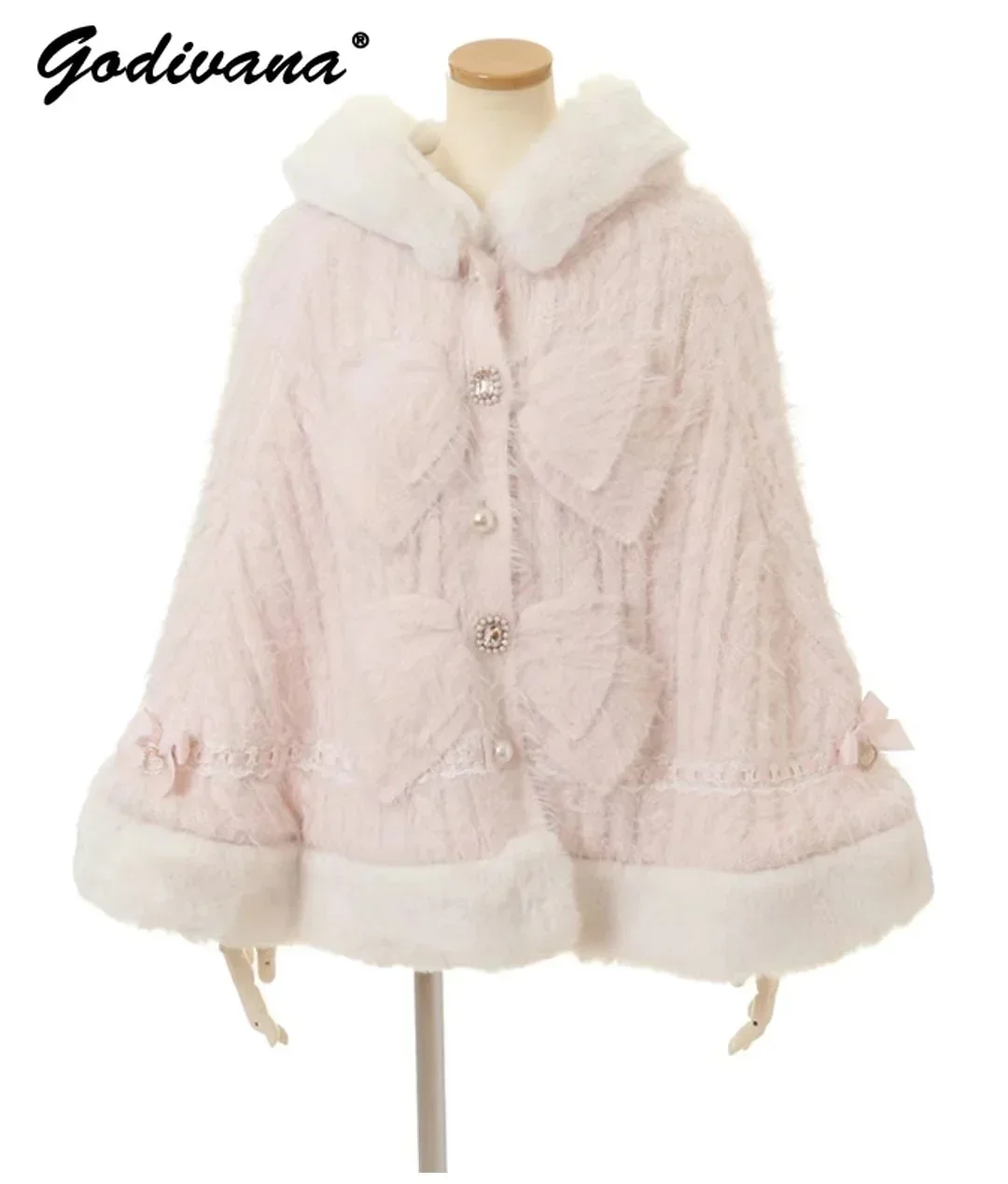 Japanese Sweet Soft Thick Women's Double-Layer Big Ribbon Hooded Knitted Cloak, Cozy Autumn & Winter Ponchos with Hood