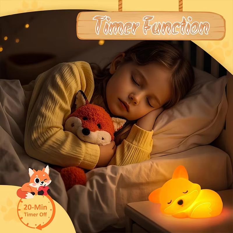 Rechargeable Cute Fox Silicone Night Light Dimmable Touch Lamp with Timer