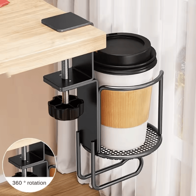 2-in-1 Desk Cup Holder with Headphone Hanger – 360° Rotating Anti-Spill Clamp Mount for Office & Gaming Desks