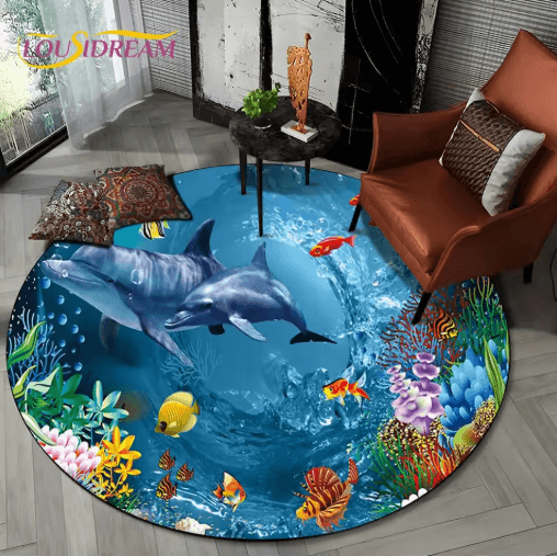 3D Ocean Dolphin Area Rug – Non-Slip Underwater Illusion Round Carpet