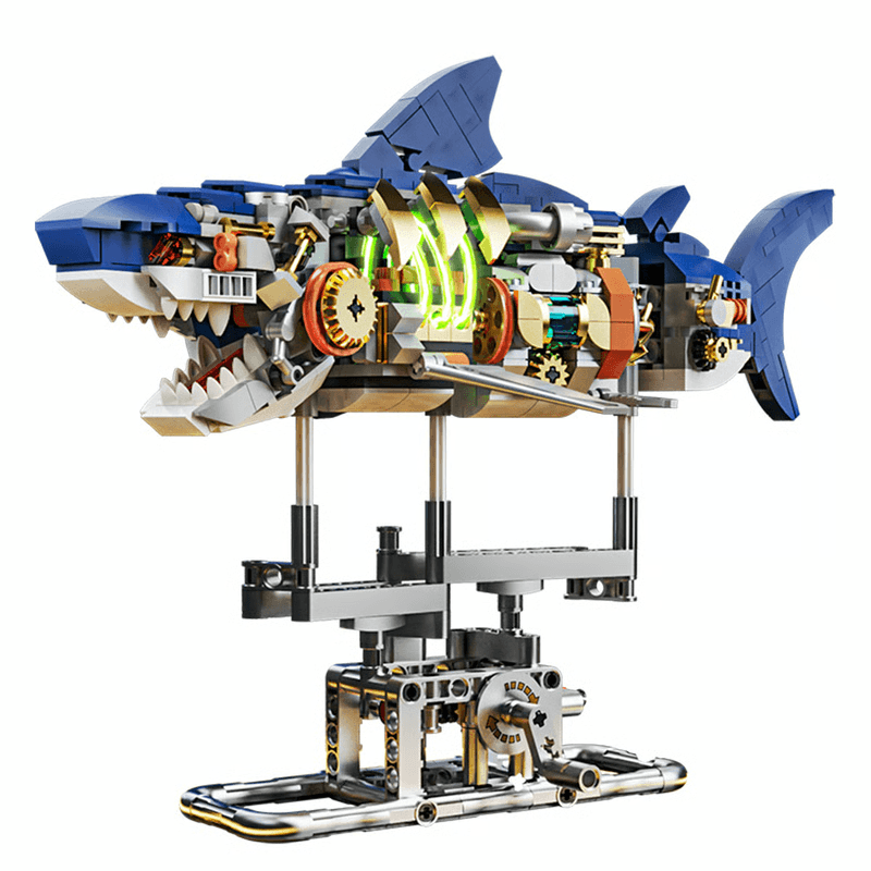 Mechanical Shark Building Set, Shark Sea Life Blocks with Display Stand & Lights