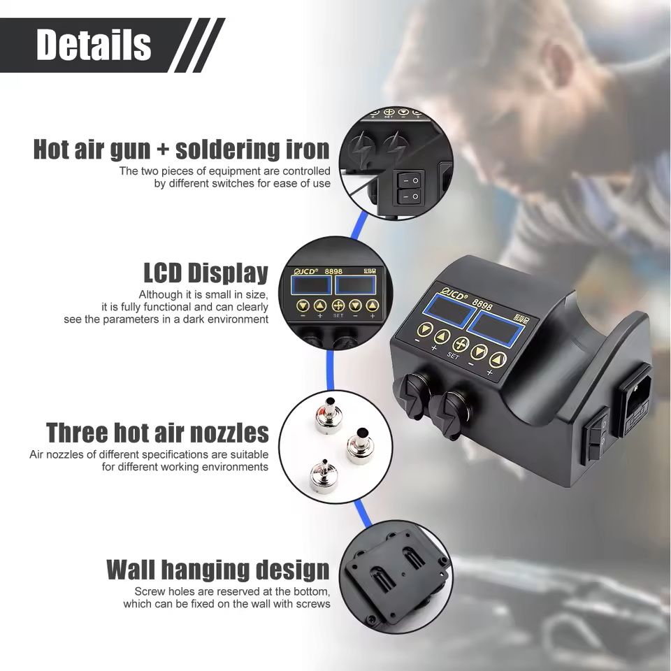 High-Power 2-in-1 Soldering Station with Hot Air Gun and Adjustable Temperature