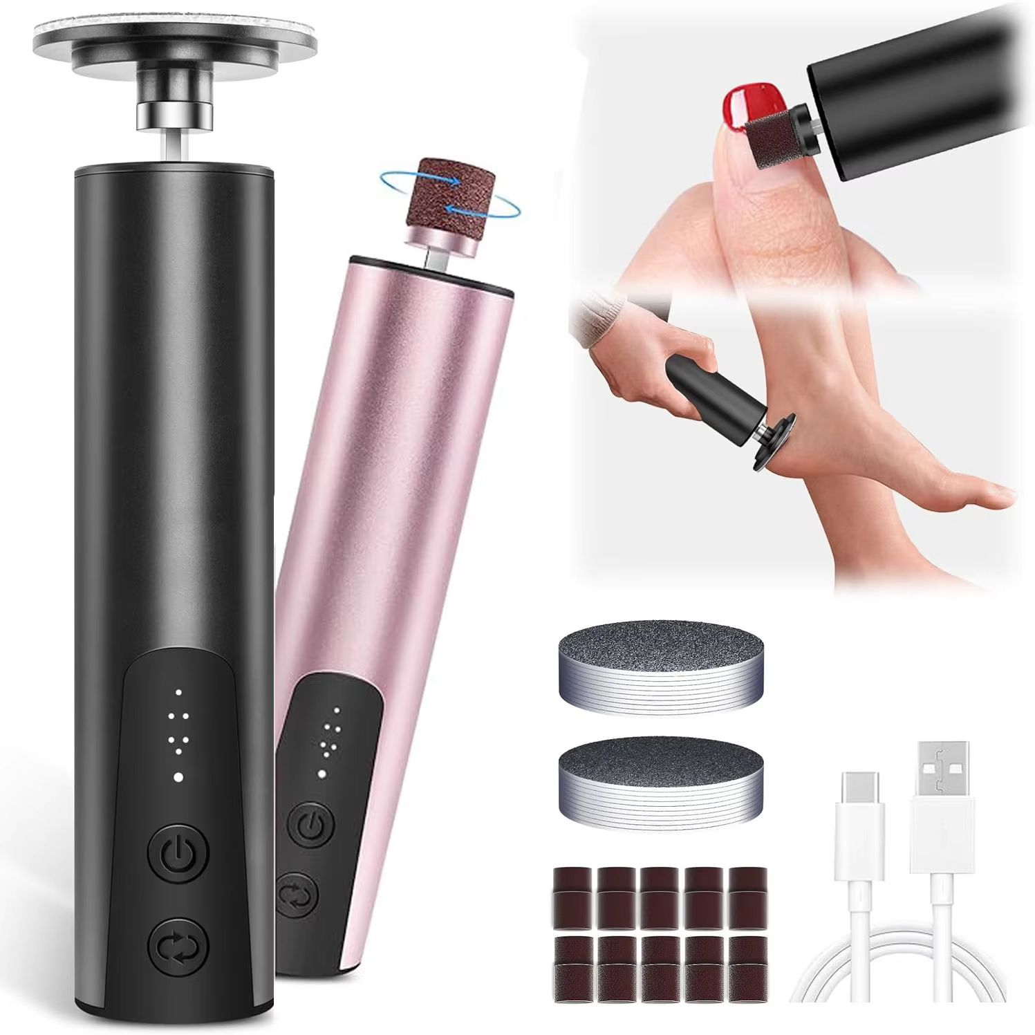 2-in-1 Electric Foot Callus Remover & Nail Grinder with 6 Speeds and Sandpaper Foot Sander Tool
