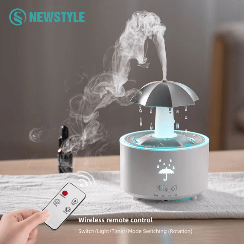 Rotating Umbrella Raindrop Humidifier – Ultrasonic Aroma Diffuser with Colorful Lights & Quiet Mist