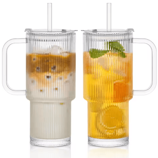 760 ml Ribbed Glass Tumbler with Handle Lid Large Iced Coffee Mug with Straw 1 to 2 PCS