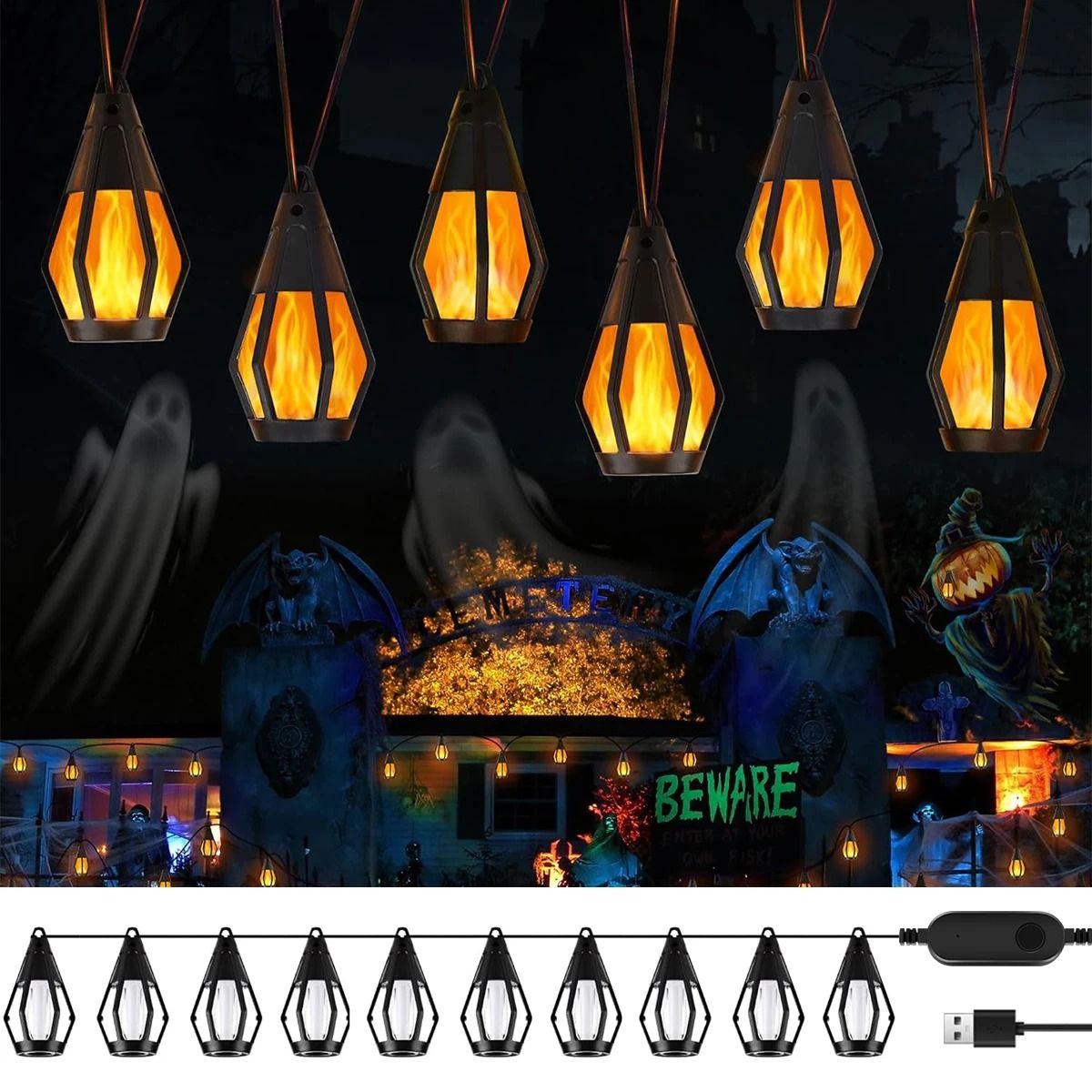 10-Bulb Flickering Flame Solar String Lights | Waterproof Outdoor Halloween Yard & Patio Decor