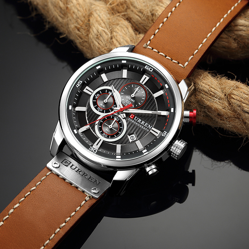 CURREN Men Military Quartz Watch with Leather Strap, Chronograph Wristwatch