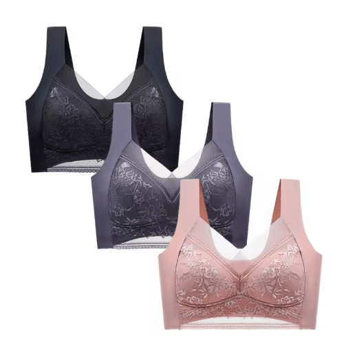FallSweet 3-Piece Wireless Lace Push Up Deep V Bralette Set (L–5XL)