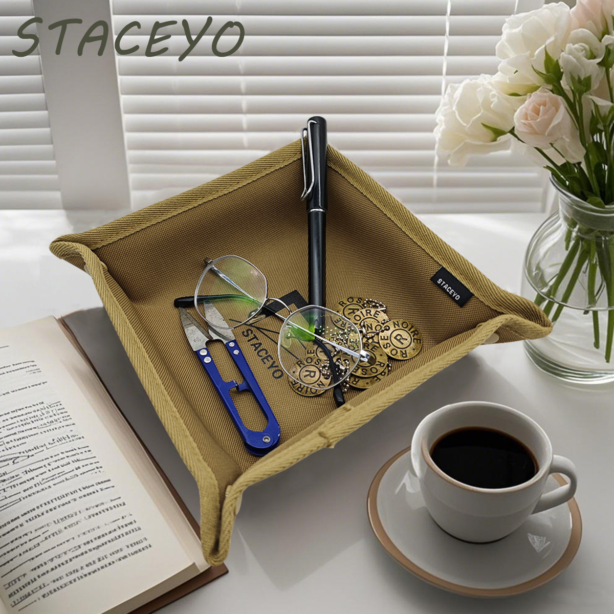 Oxford Fabric Foldable Storage Tray, Khaki Office Desktop Tray for Camping & Organization