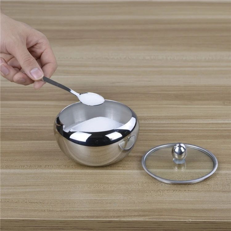 Large Stainless Steel Sugar Bowl with Lid and Spoon