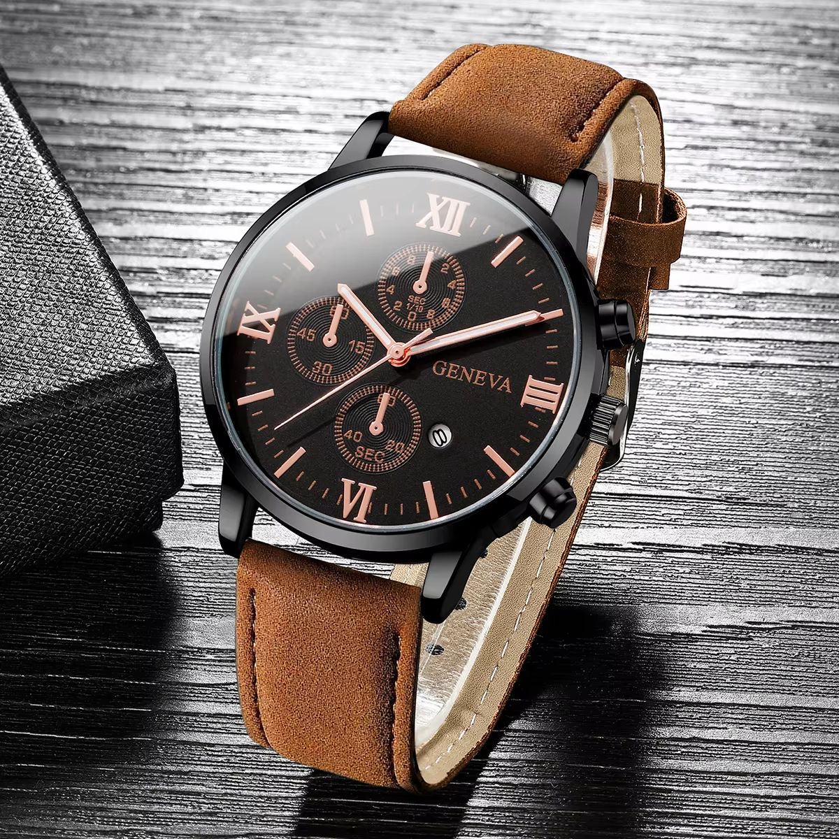 Men's Casual Leather Quartz Calendar Watch Set
