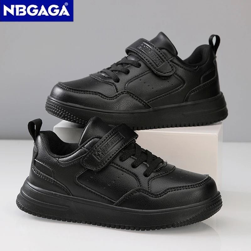 Childrens Black Leather Sneakers Non Slip Lightweight Walking and Sports Shoes