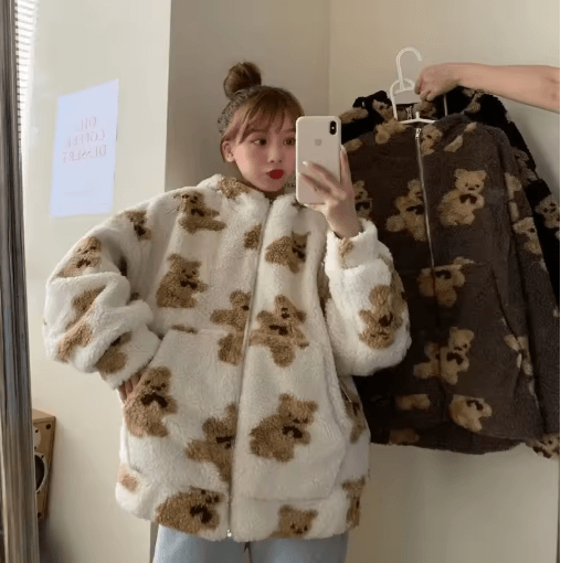 Harajuku Heart Plush Hooded Jacket – Cozy plush winter jacket women