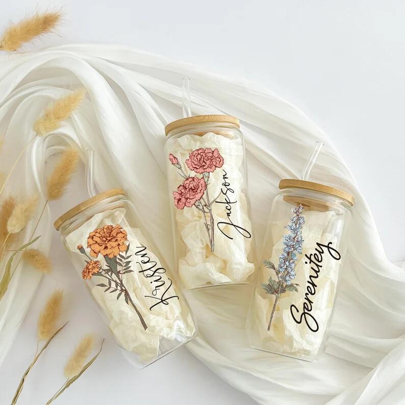 Personalized Name Cup with Bamboo Lid Straw, Custom Flower Glass Tumbler, Reusable Eco-Friendly Gift for Women