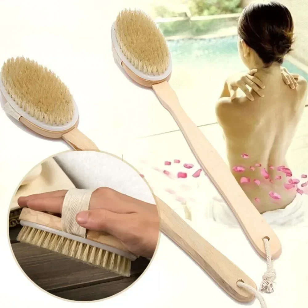 Natural Bristle Back Scrubber Shower Brush with Detachable Wooden Handle, Dry Skin Exfoliating Body Massage Bath Brushes