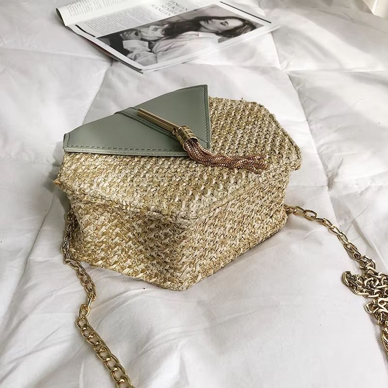 Boho Straw Rattan Shoulder Bag – Hexagon Handmade Woven Summer Handbag with Leather Strap
