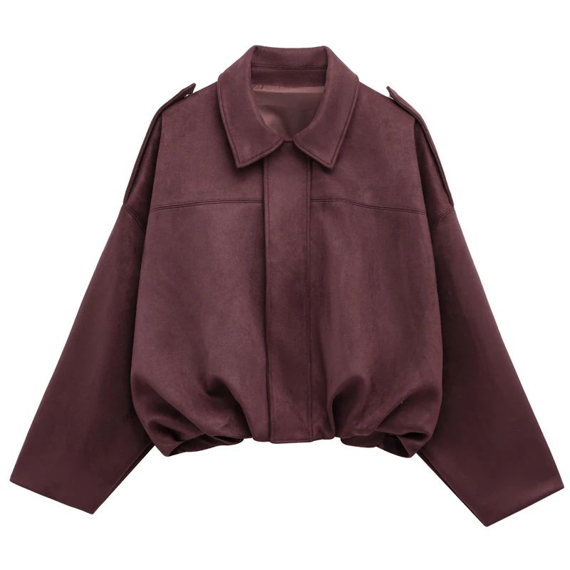 HXAO Cropped Suede Bomber Jacket Women Lapel Zipper Racing Coat