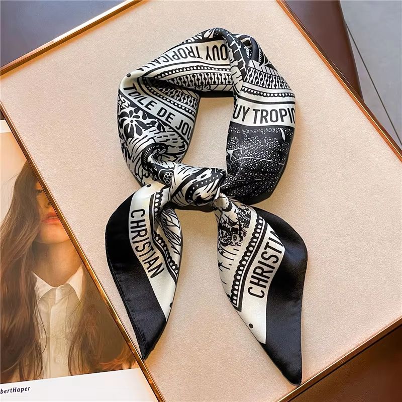 Luxury Printed Satin Silk Scarf 27.56x27.56in Square for Women Hair Hijab Neck Tie
