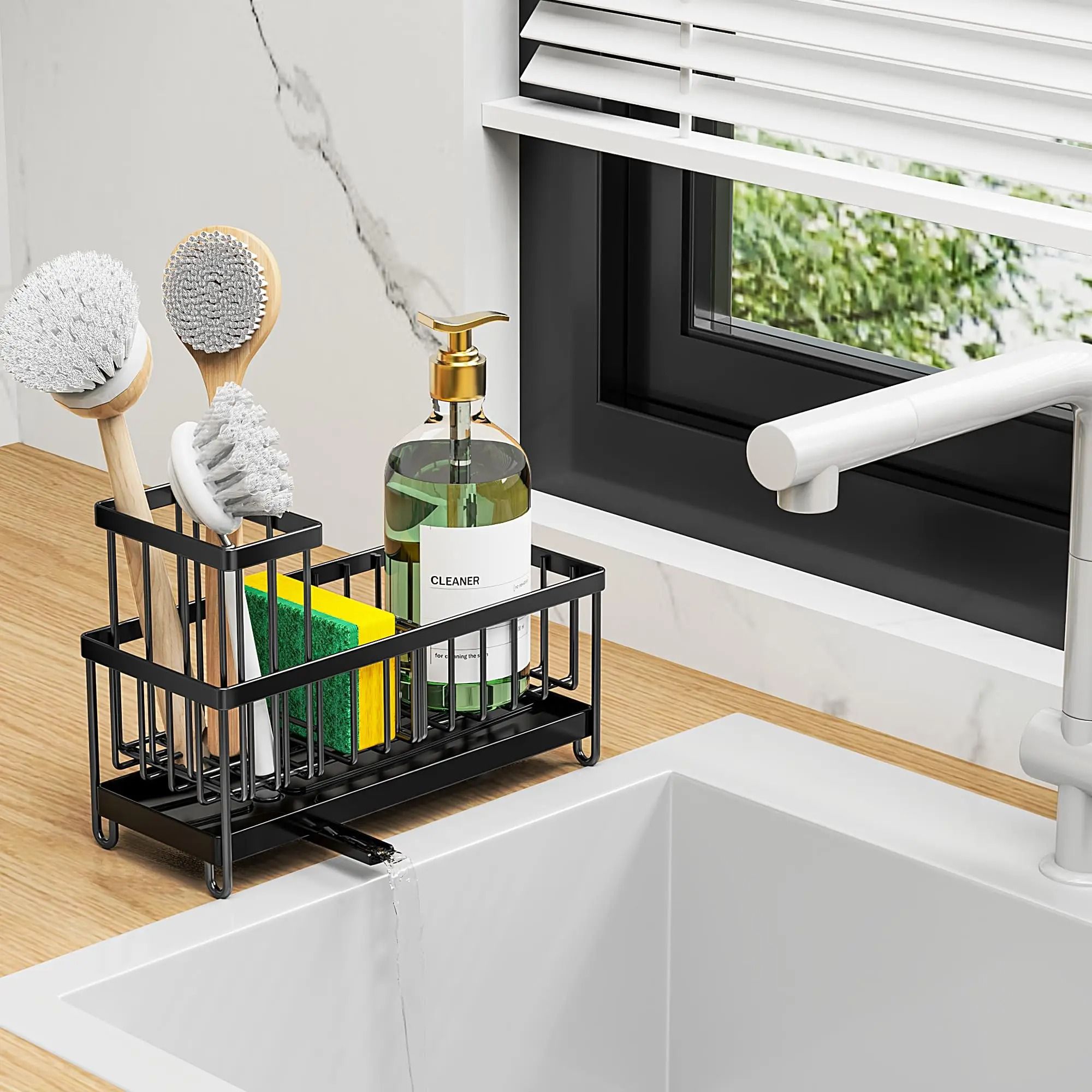 Kitchen Sink Sponge Holder with High Brush Rack and High-Performance Countertop Organization Architecture