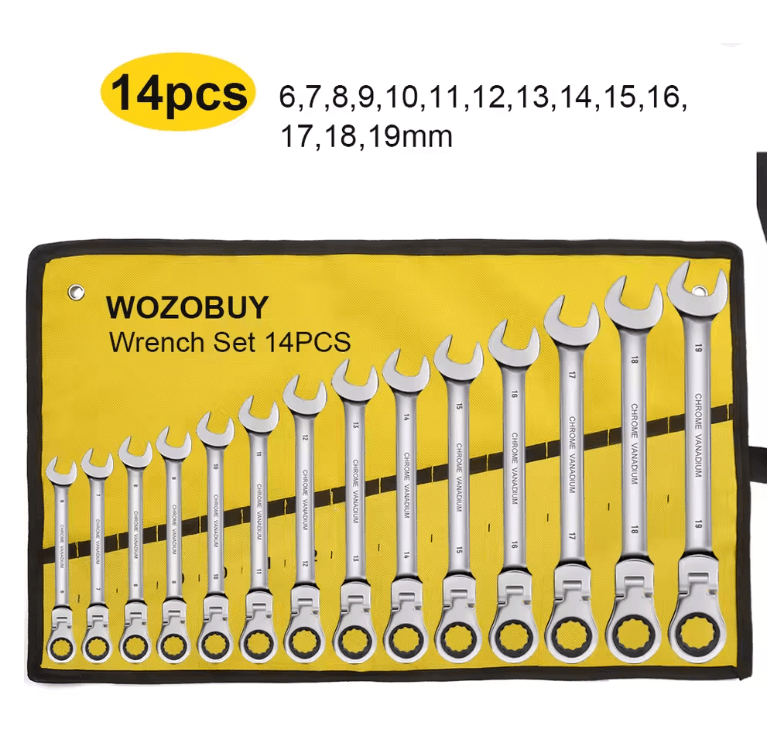 Metric Ratcheting Combination Wrench Set with Flex Head and Carrying Bag