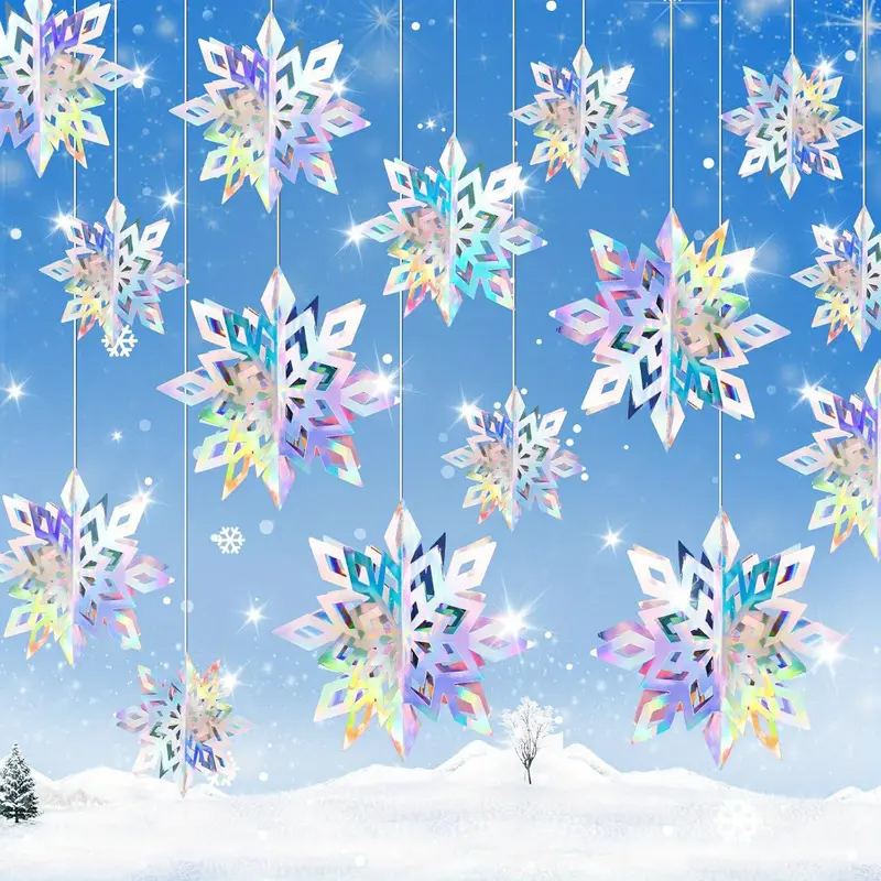 Rainbow Color 3D Snowflake Ornaments, Large Hanging Snowflake Decor Set, Hanging String