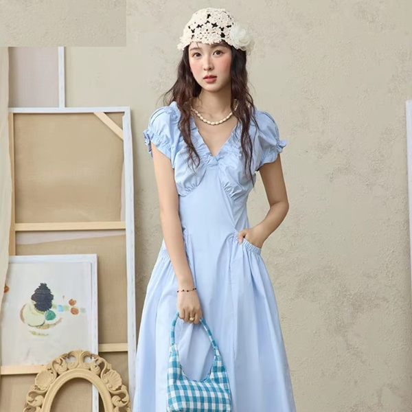 Women's Fashion V-neck Dress, Summer Office Lady, Puff Sleeve Slim Midi Dress, Elegant Work to Weekend Clothing