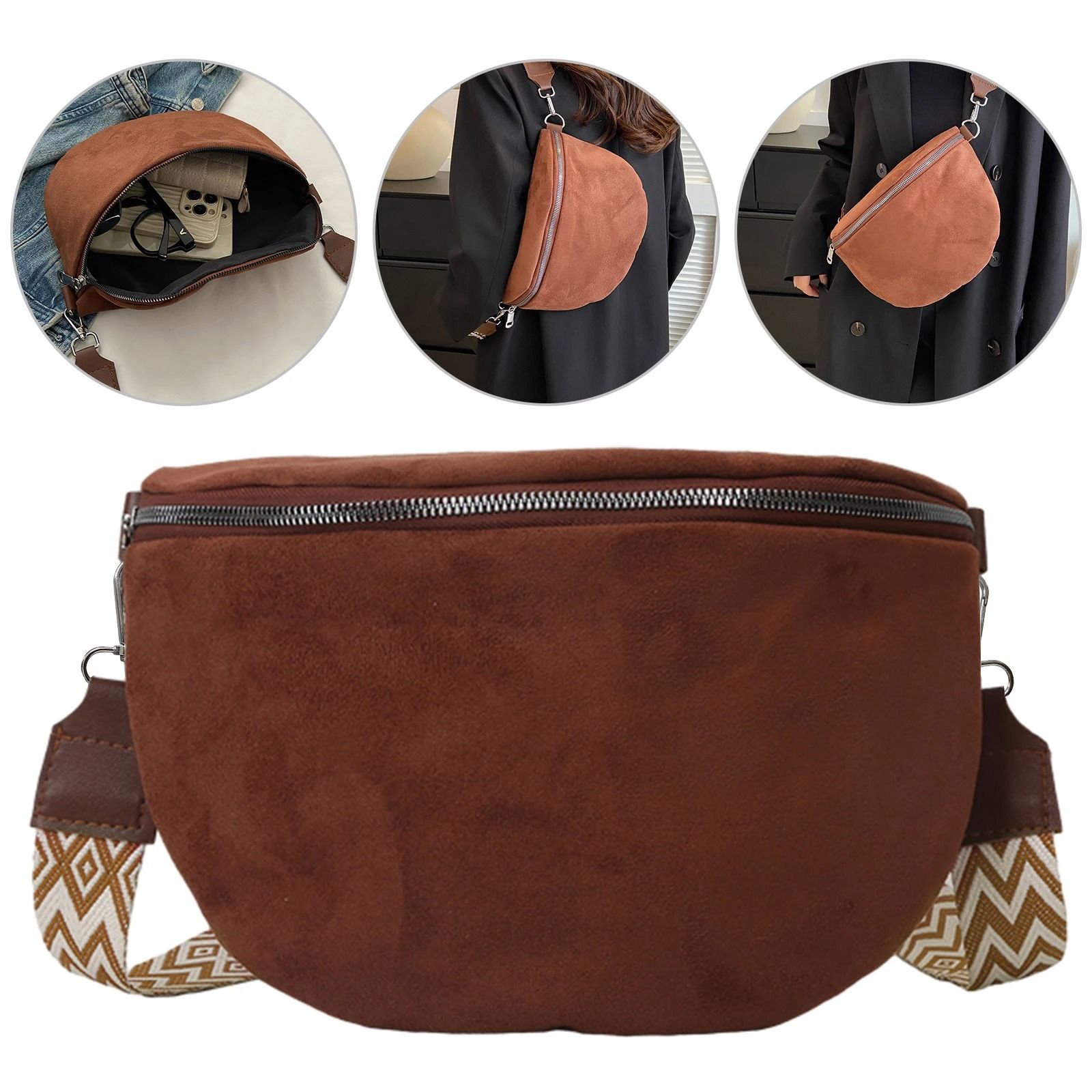 Fashion Suede Women Waist Bag Retro Half Moon Chest Bag with Wide Strap