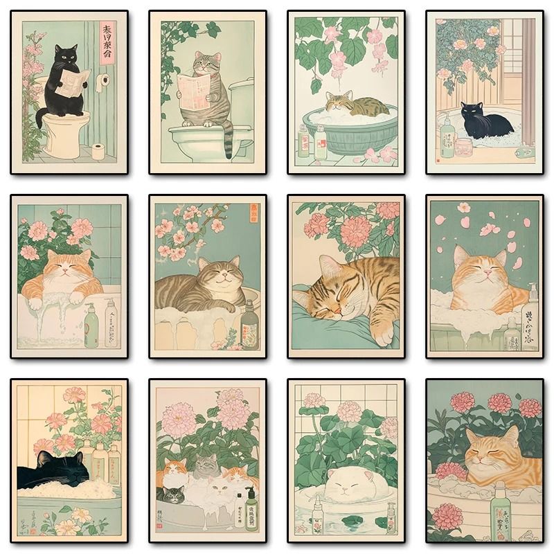 Japanese Tabby Cat in Bathtub | Retro Aesthetic Japandi Canvas Art