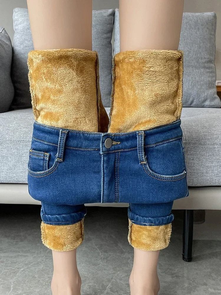 Womens Fleece Lined High Waist Jeans Warm Stretch Winter Skinny Pants