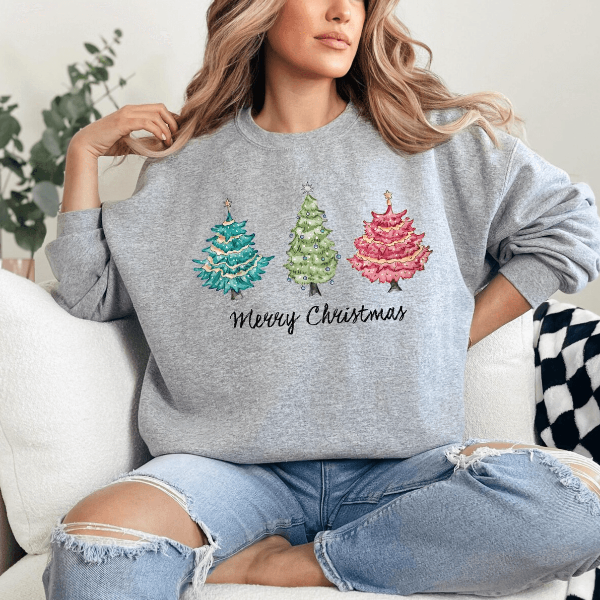 Merry Christmas Sweatshirt Colorful Trees Cute Holiday Crewneck Pullover