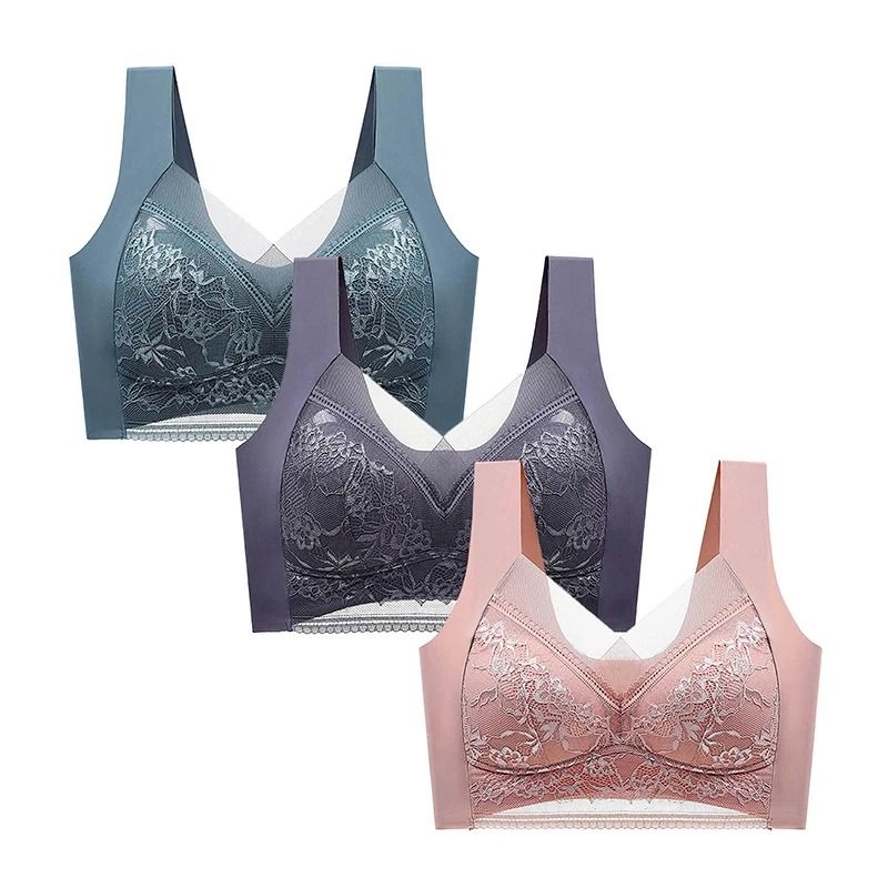FallSweet 3 Pack Lace Push Up Bra Wireless Deep V Bralette Set L to 5XL