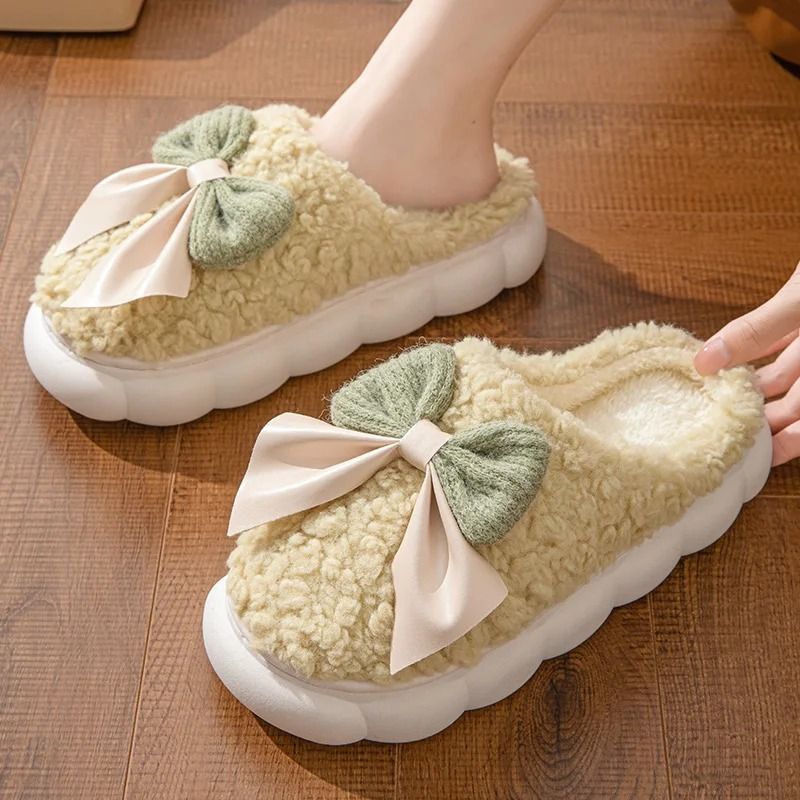 Women Winter Warm Plush Slippers with Bow