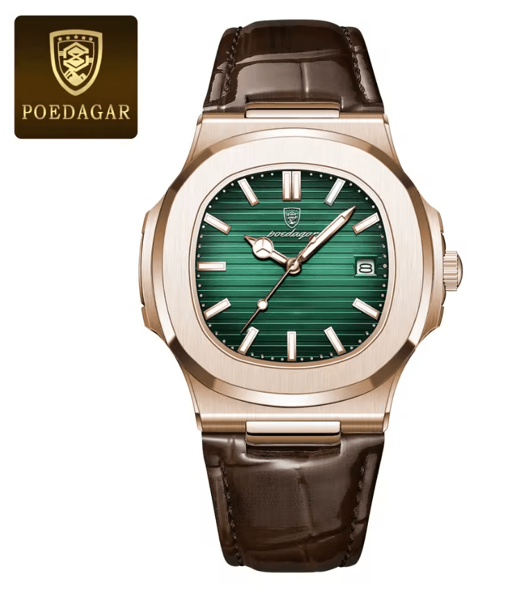 POEDAGAR Luxury Mens Square Watch Waterproof Quartz Wristwatch with Leather Strap
