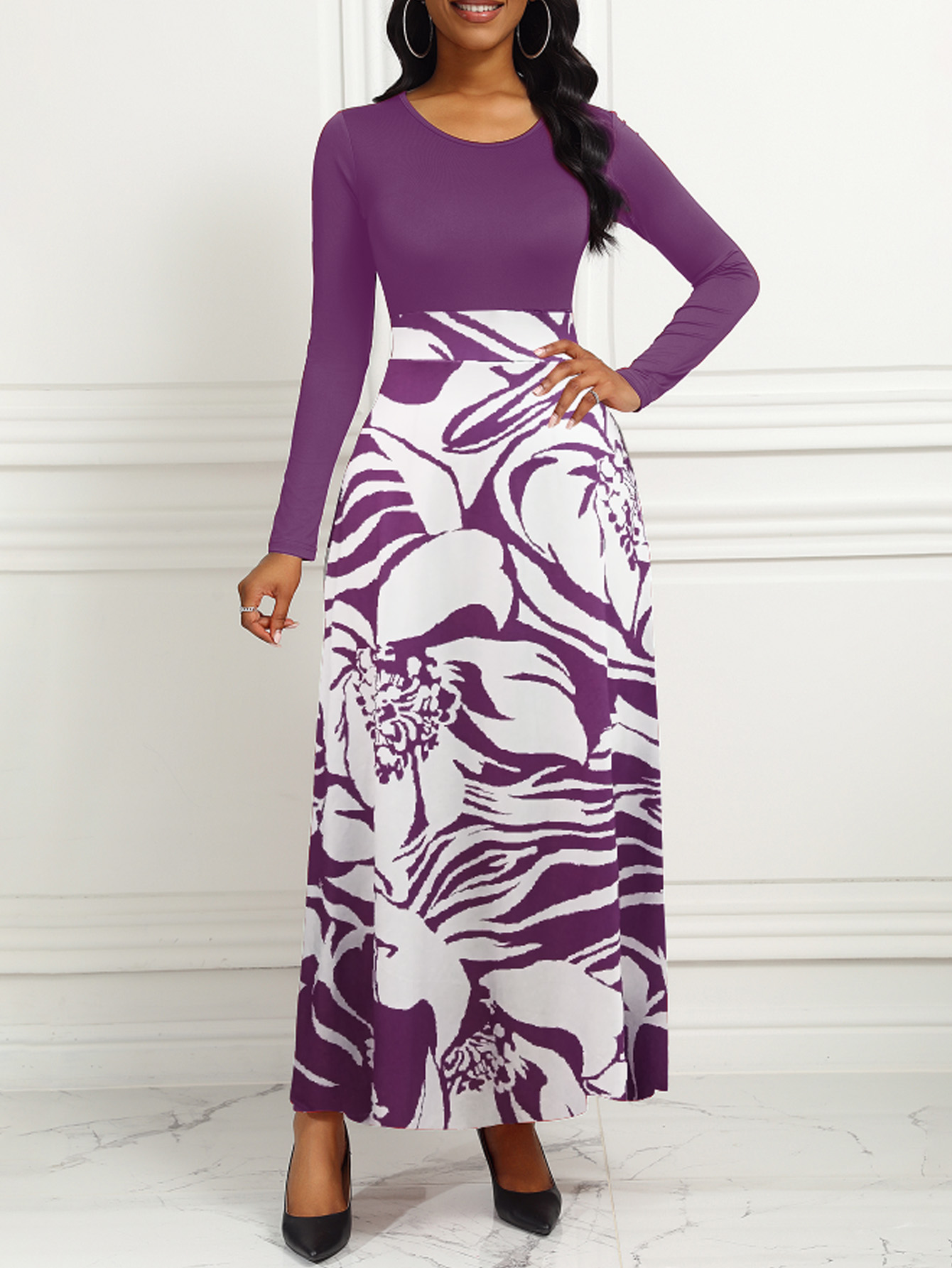 Purple Elegant Style Women Dresses Long Sleeve Round Neck, Printed Hem Long Dress