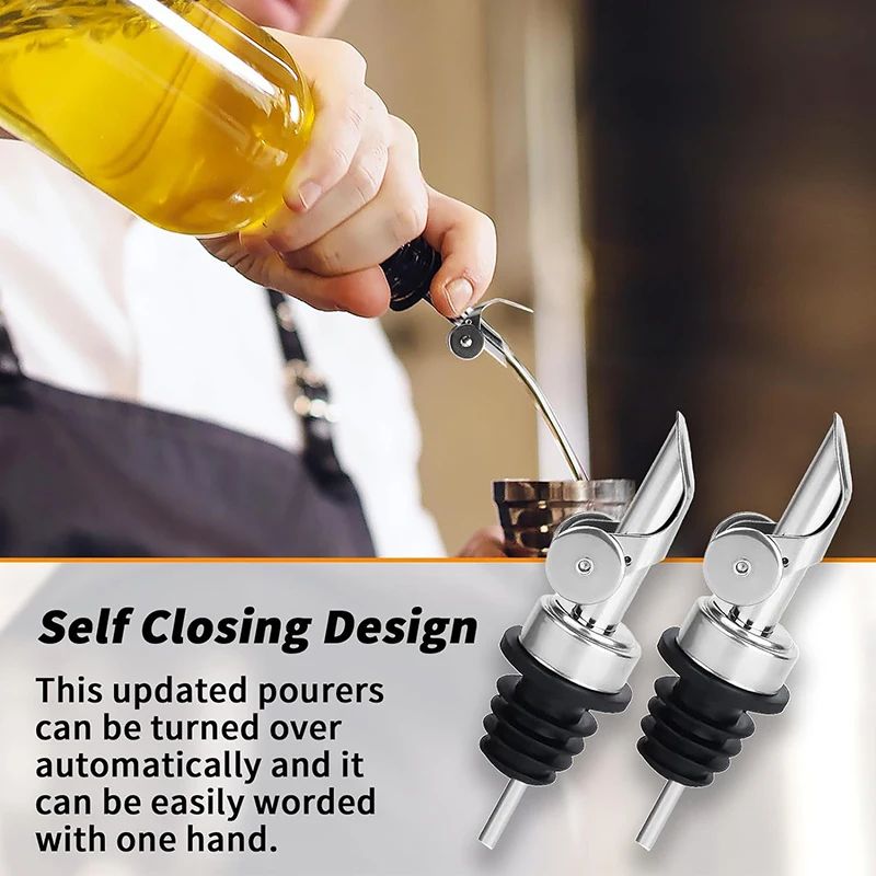 Self-Closing Olive Oil Pour Spout with Leak-Proof Rubber Stopper, Stainless Steel Bottle Pourer