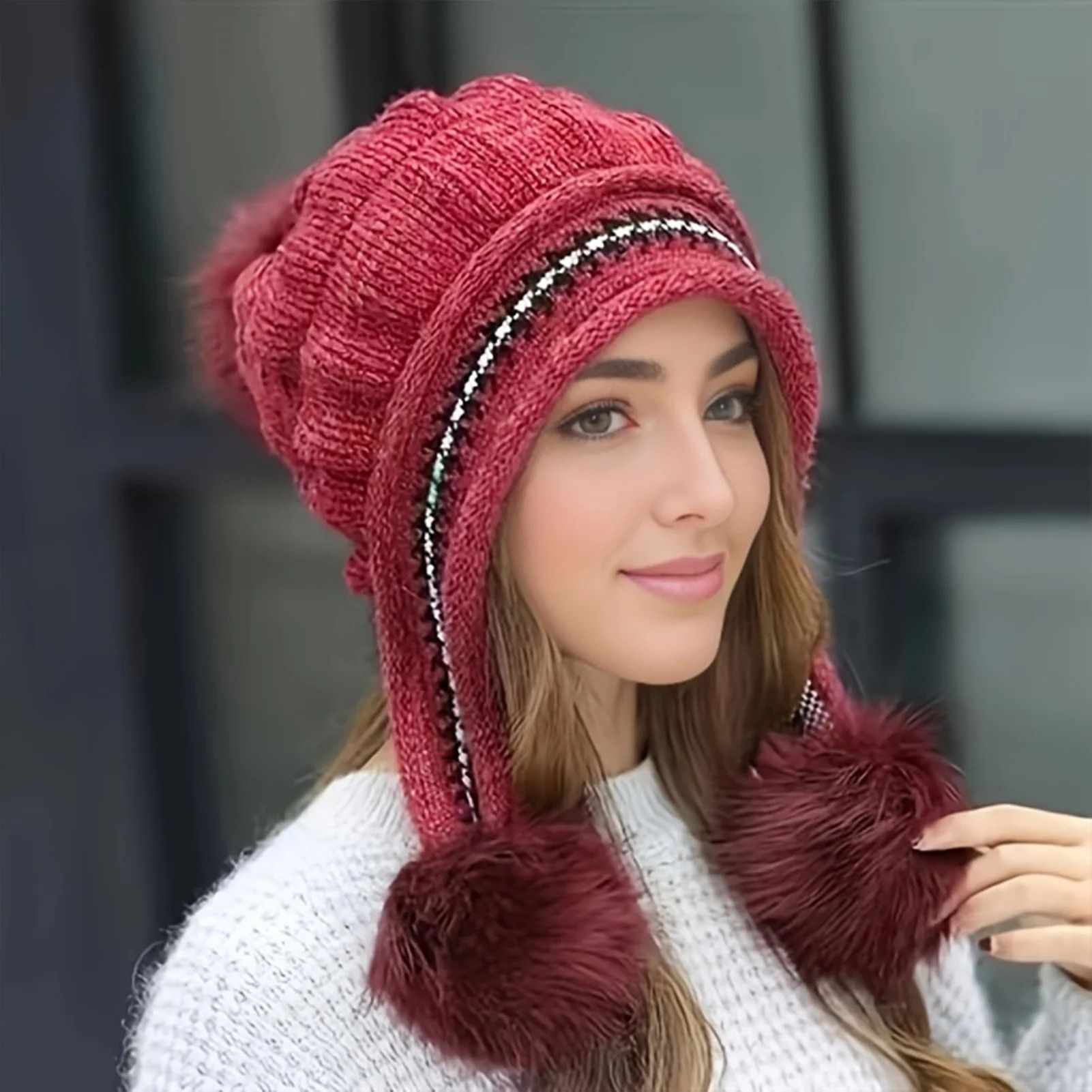 Women Winter Fleece Lined Fur Earflap Beanie Hat