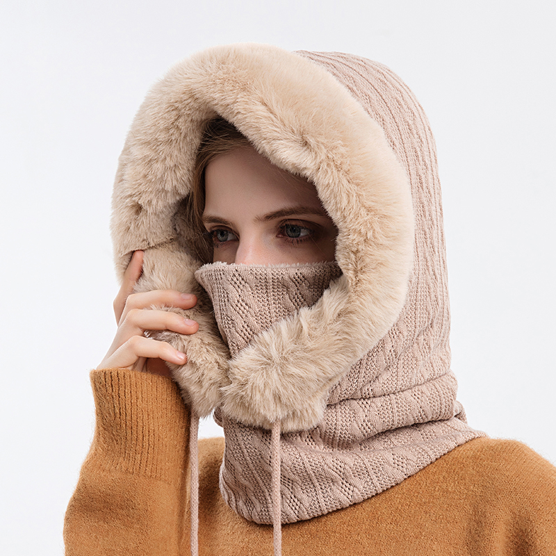 Knitted Cashmere Neck Warm Balaclava Ski Windproof Hat, Winter Fur Cap Mask Set Hooded for Women, Thick Plush Fluffy