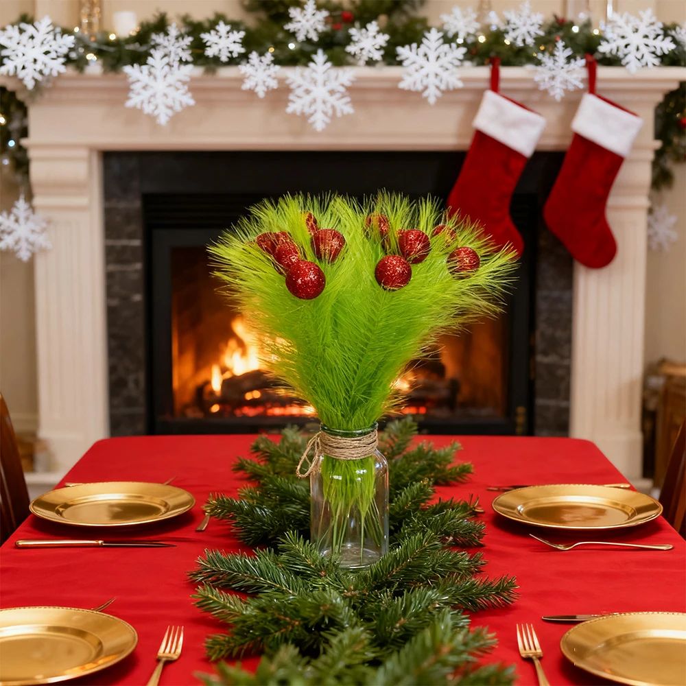 Luxe Curly Green & Red Ornament Holiday Stem Sprays – 12-Piece Christmas Tree Picks Set for Festive Decorating