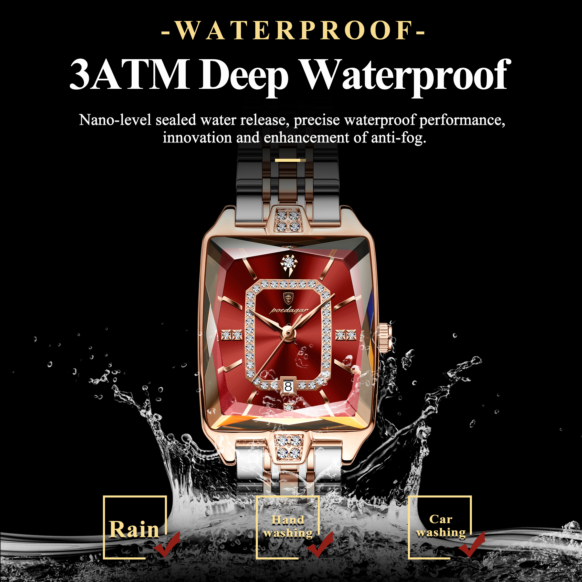Elegant Waterproof Calendar Watch, Stainless Steel Quartz, Luxury Watch for Women