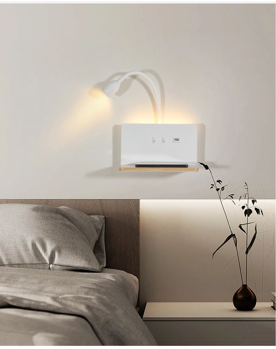 360° Rotatable USB And Wireless Charging LED Wall Lamp