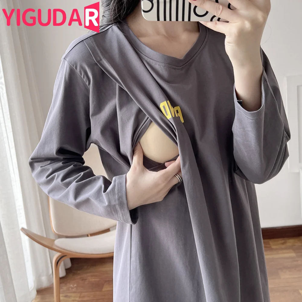 Casual Print Women's Long Sleeve Maternity Dress, Nursing & Breastfeeding Tops, Loose Pregnancy Shirt Dress