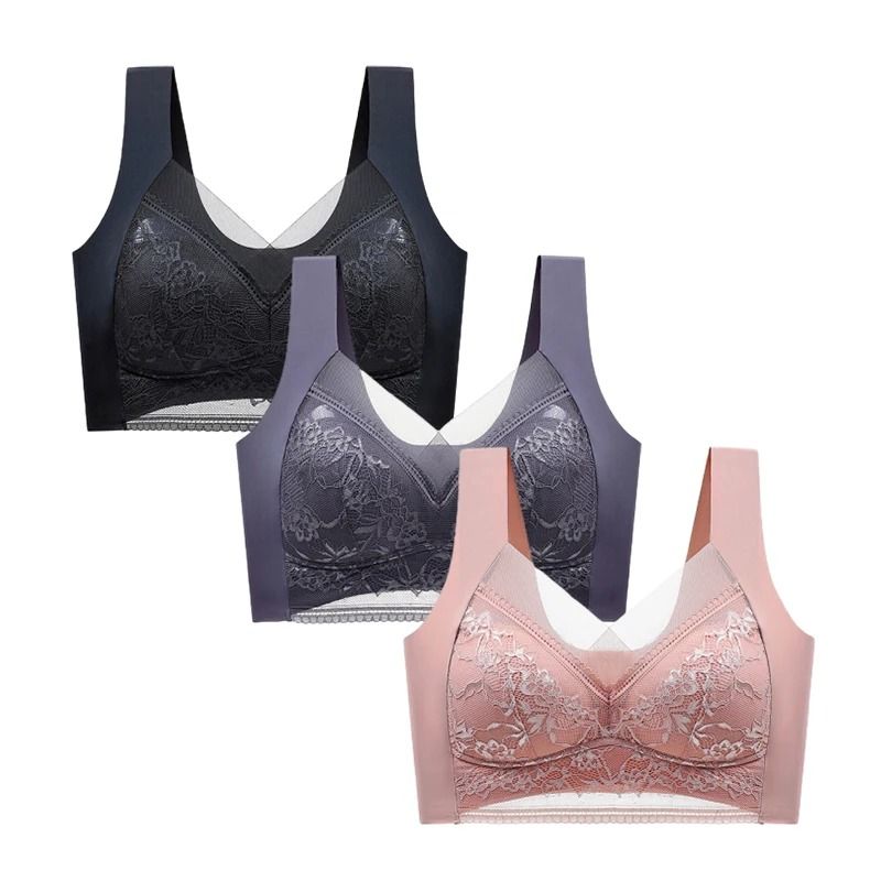 FallSweet 3 Pack Lace Push Up Bra Wireless Deep V Bralette Set L to 5XL