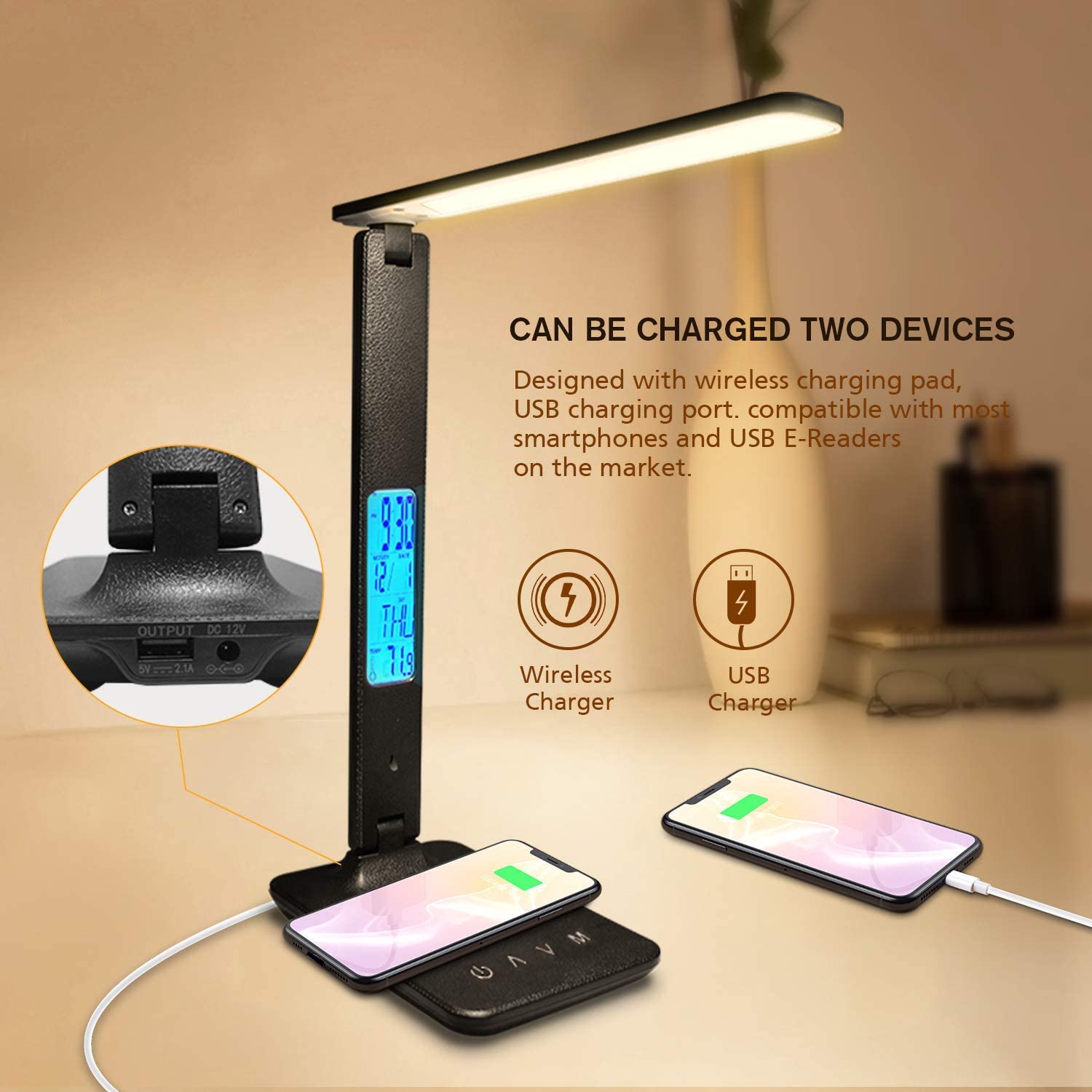Wireless Charging LED Desk Lamp, Calendar Temperature Display, Eye Protect Study Light, Alarm Clock Table Lamp