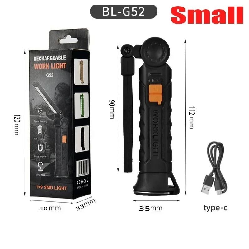 Rechargeable COB LED Work Light Foldable Magnetic Flashlight With Hook