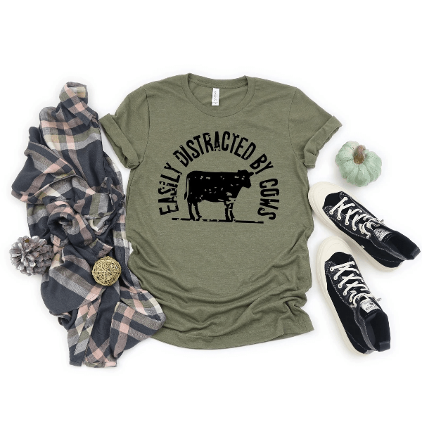 Easily Distracted By Cows Shirt Funny Cow Shirt Cute Farm Life Animal Lover Tee