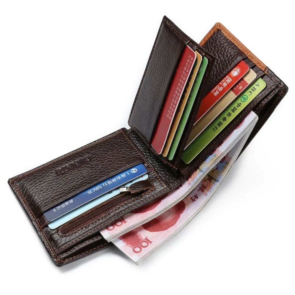 Genuine Leather Mens Wallet with Coin Pocket and Zipper