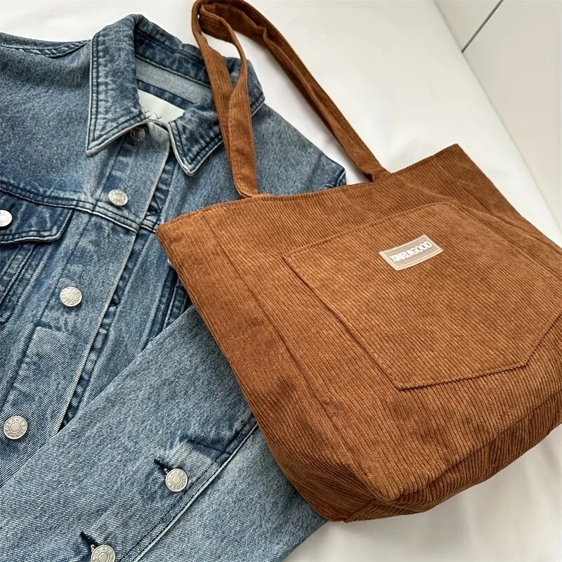 Large Capacity Corduroy Tote Bag Trendy Solid Color Shoulder Handbag with Front Pocket for Women
