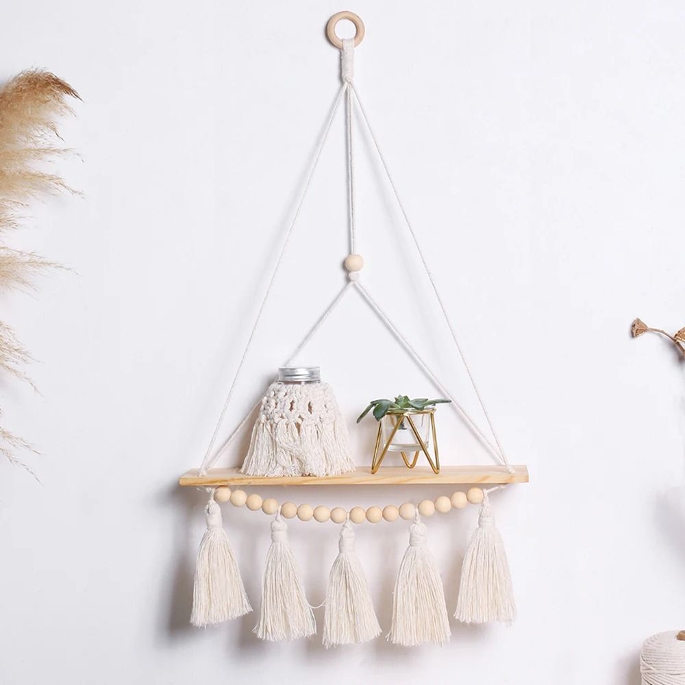 Boho Macrame Wall Hanging Floating Wood Shelf